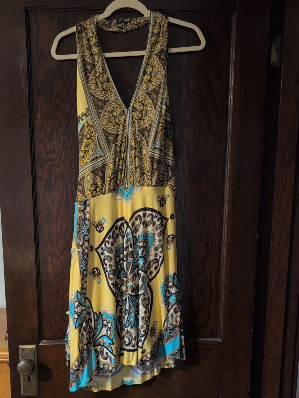 Mango Yellow Paisley Midi Dress with Blue and Brown Accents